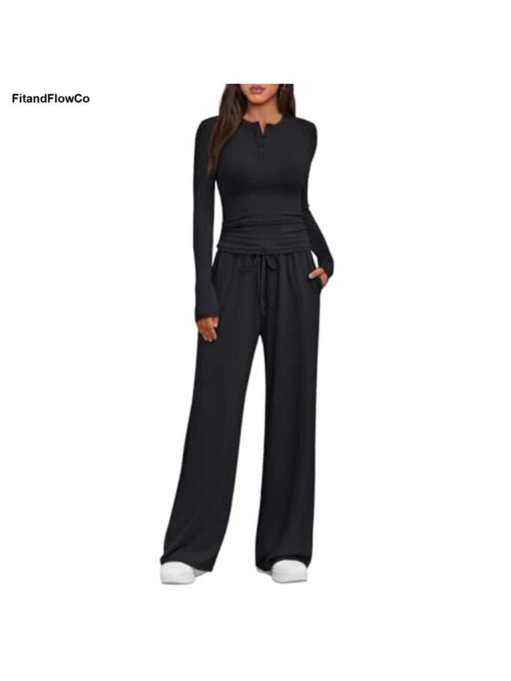 2 Piece Lounge Set Wide Leg Pants Thumbhole Cuffs V Neck